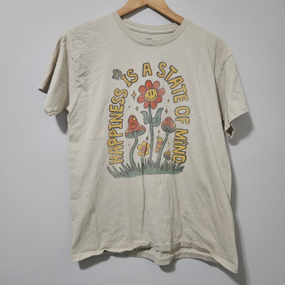 Oatmeal Graphic Tee Happiness Is A State Of Mind Mushroom Flower‎ T-Shirt Size M